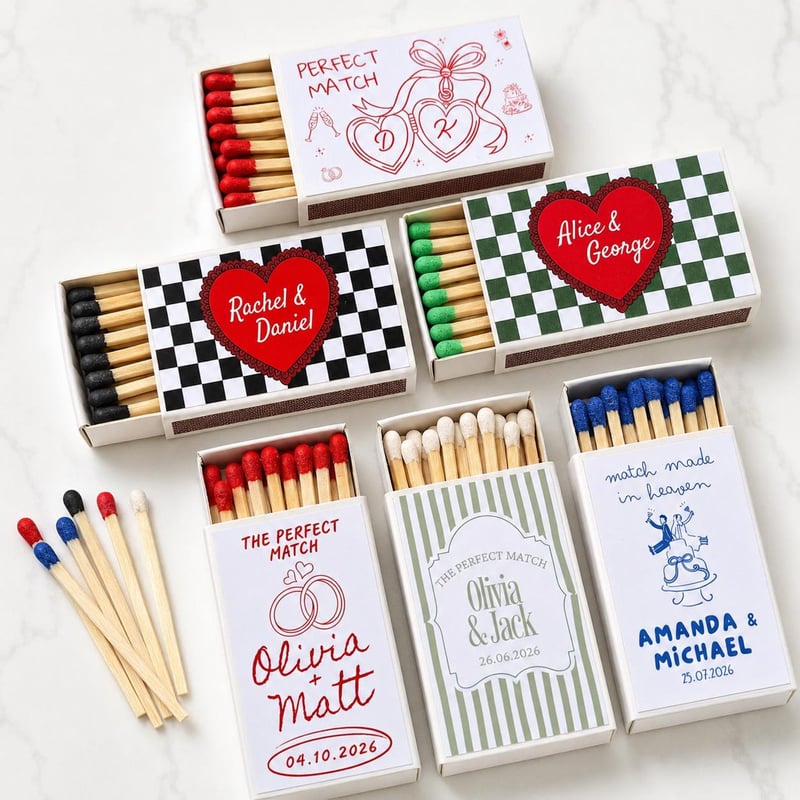 a selection of colourful personalised matchbox wedding favours.