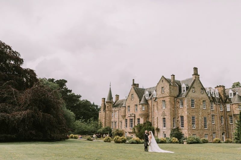 Carberry Tower Mansion House exclusive-use wedding venue, white tower and courtyard garden
