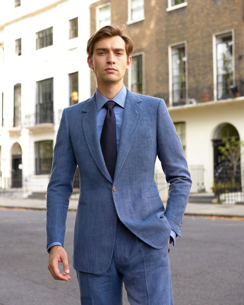 a male model in a Single Breasted Linen and Terylene Coat and Trouser Suit 