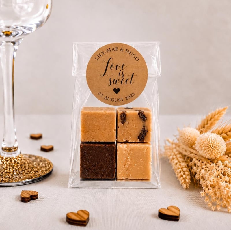 four squares of fudge packaged in cellophane as a wedding favour and sealed with a personalised sticker.
