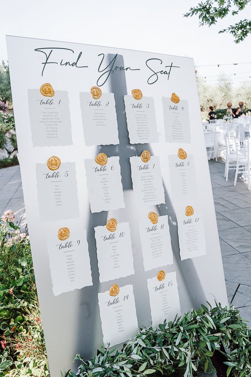 a stainless steel seating plan board at an outdoor wedding.