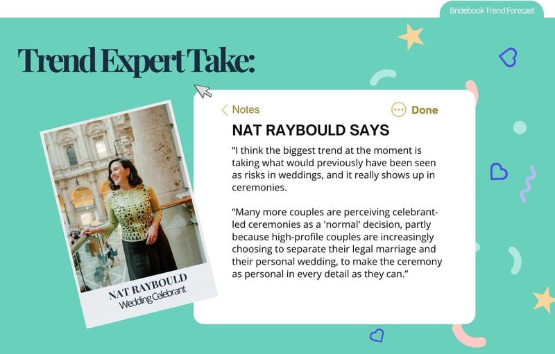 WEDDING CELEBRANT NAT RAYBOULDS NEXT TO HER QUOTE ON WEDDING TRENDS