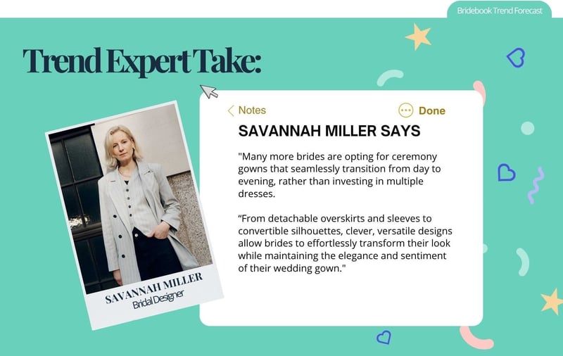 Wedding dress designer savannah miller with a quote detailing her wedding trend preditions