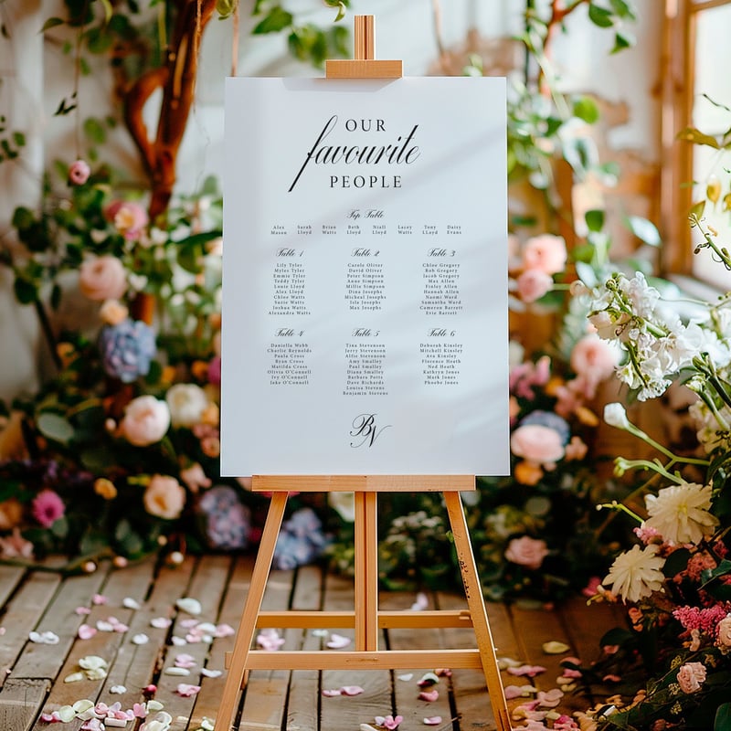 a printed seating plan on a wooden easel against a backdrop of flowers.