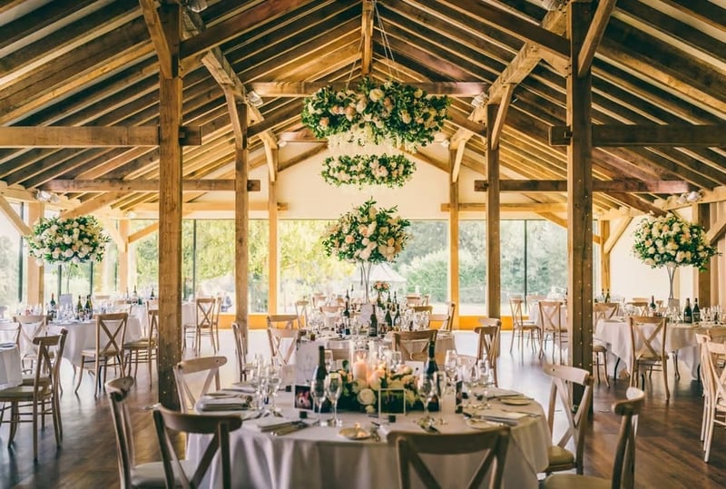 Interior shot of a wedding reception set up at bredenbury court barns