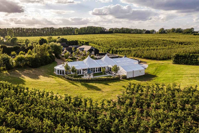 Aerial view of the permanent wedding marquee structure at the barnyard Kent