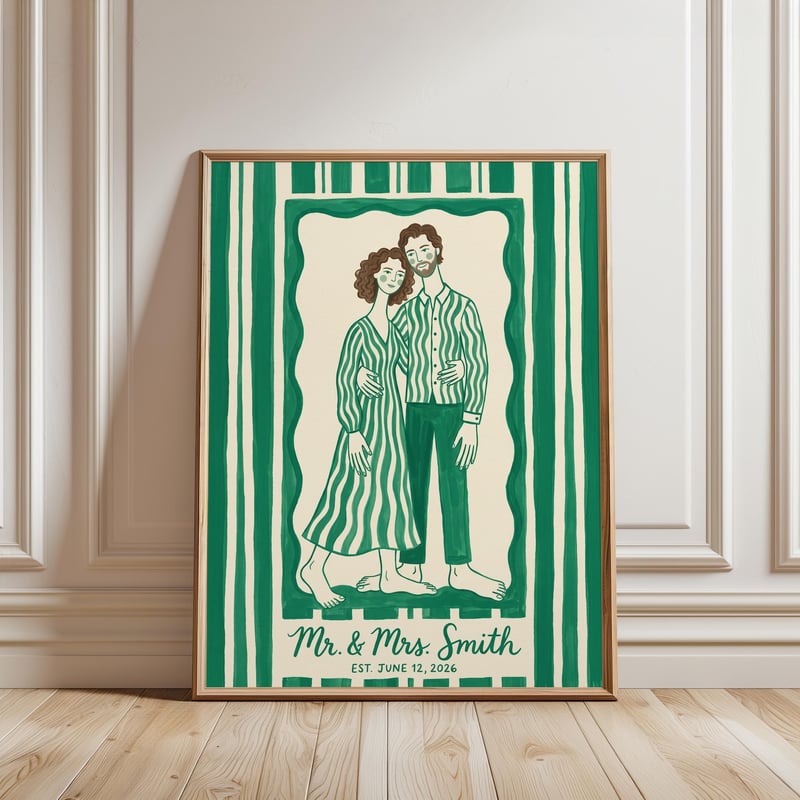 a green and cream modern illustrated print of couple.