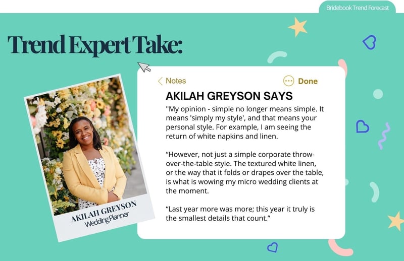 Wedding trend expert Akilah sharing her trend predictions