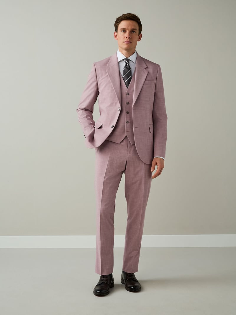a male model wears a three-piece pink wedding suit with striped navy tie.