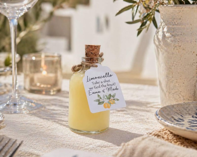 a personalised limoncello shot bottle on a wedding table.