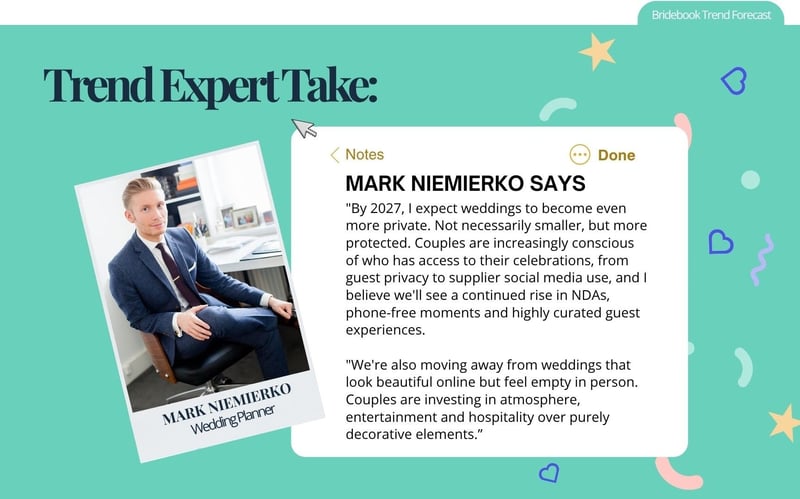 Wedding expert and celebrity planner Mark Niemierko next to a quote about wedding trends