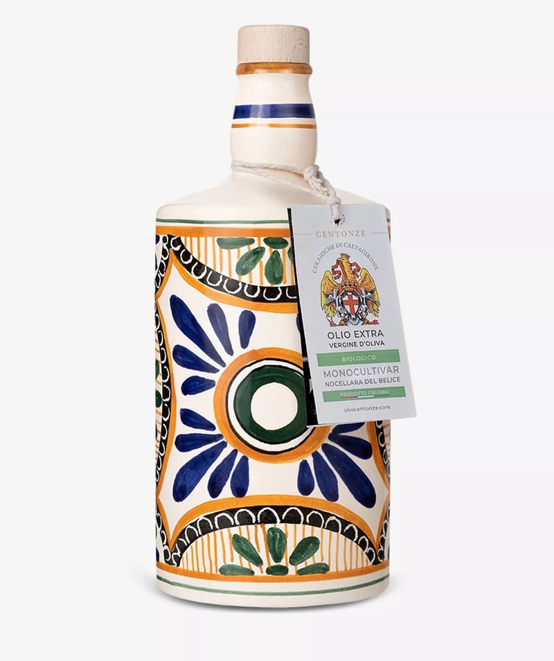 a decorative bottle of extra virgin olive oil.