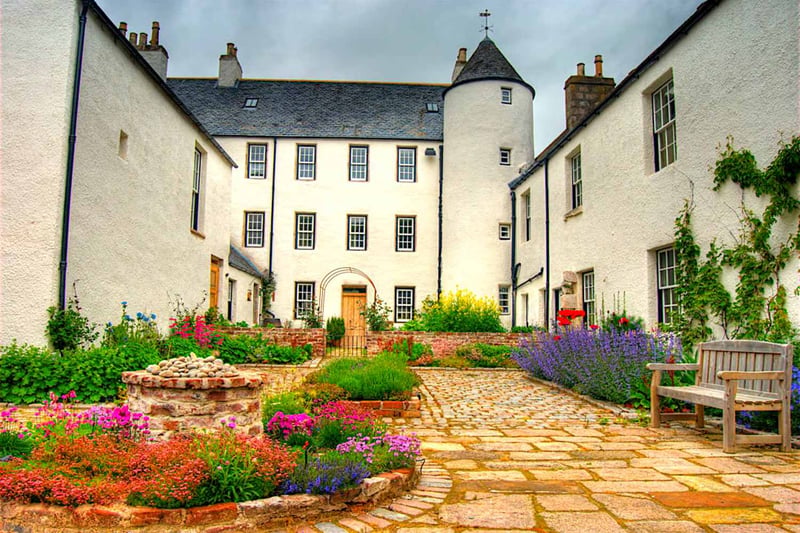Logie Country House & Estate exclusive-use wedding venue, white tower and courtyard garden, Aberdeenshire