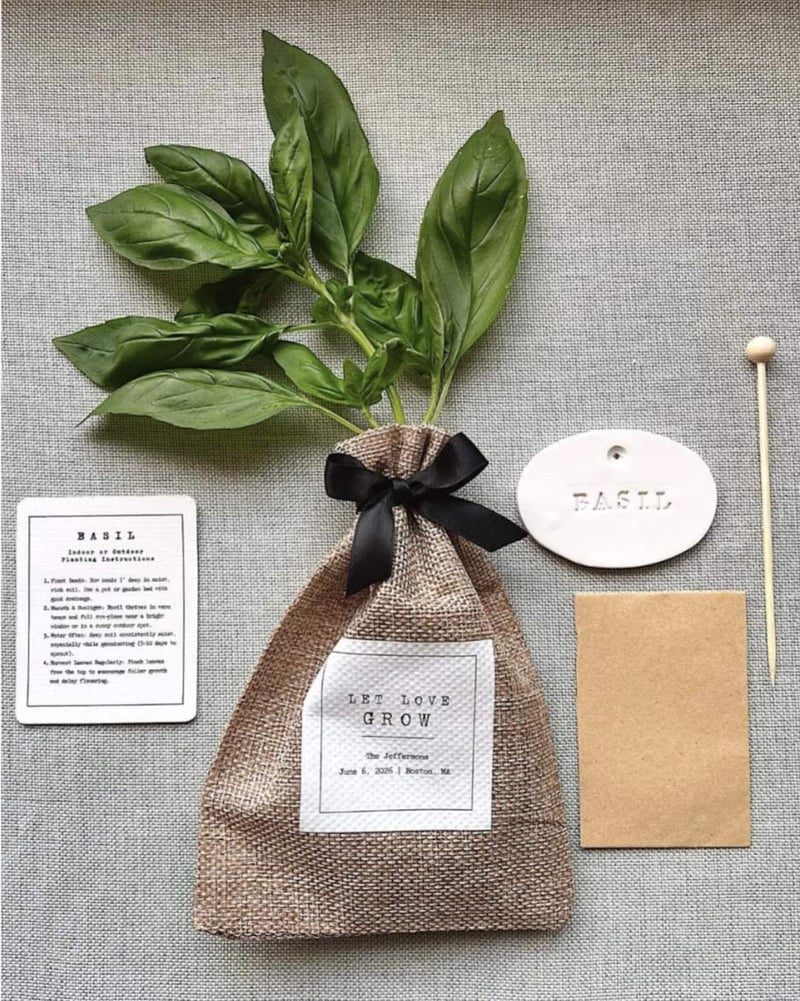 a raffia bag with herb seeds and basil leaves for decoration.