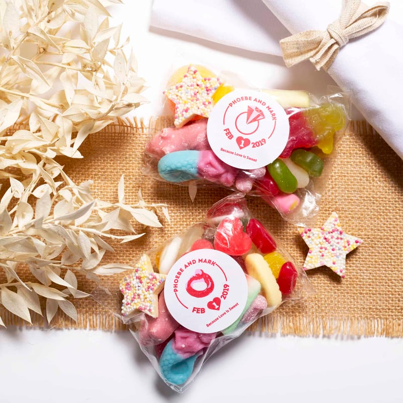 pick and mix wedding favours wrapped in cellophane.