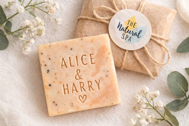personalised peach coloured mini soap wedding favours.