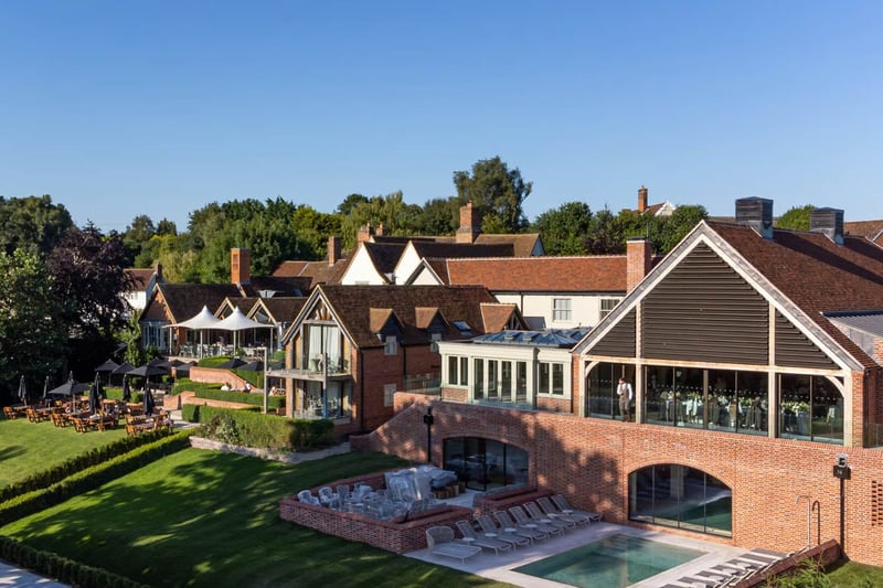 Georgian country house wedding venue with outdoor pool and gardens, aerial view