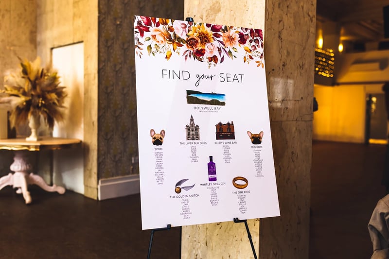 an illustrated table plan on a frame at the entrance to a wedding breakfast.