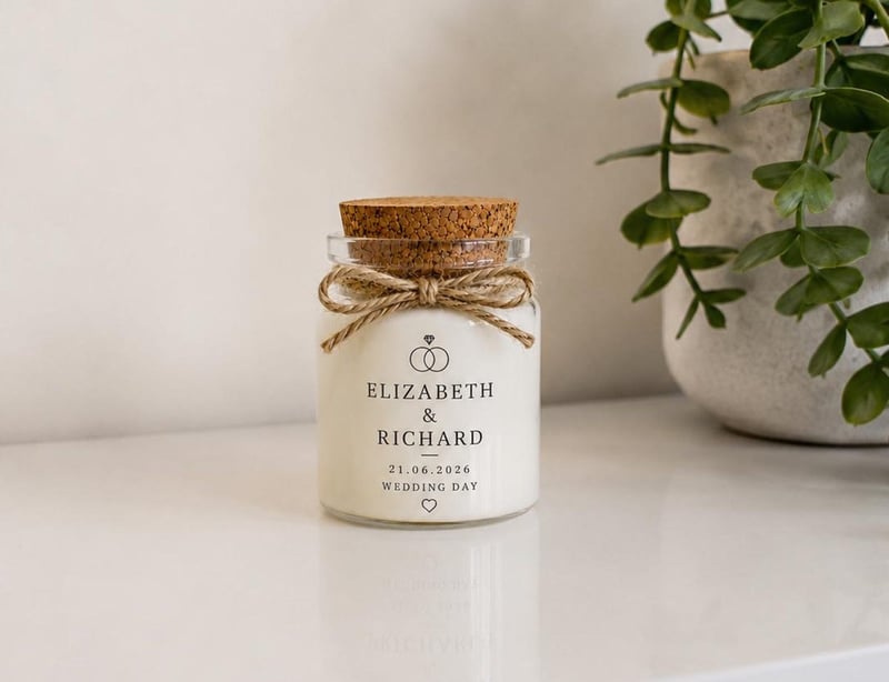 a miniature personalised candle with cork lid tied with twine.