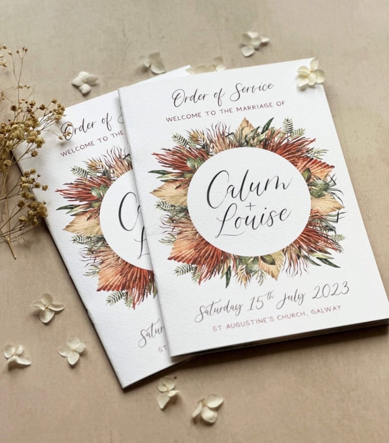 a pair of wedding order of service booklets for a church wedding.