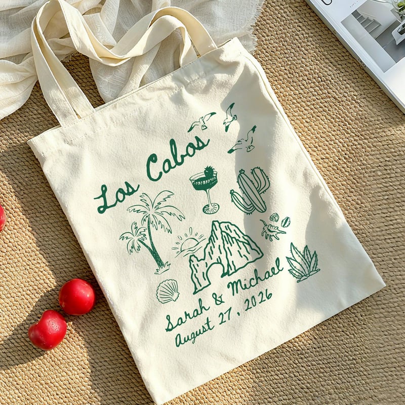a reusable tote bag personalised with wedding details.