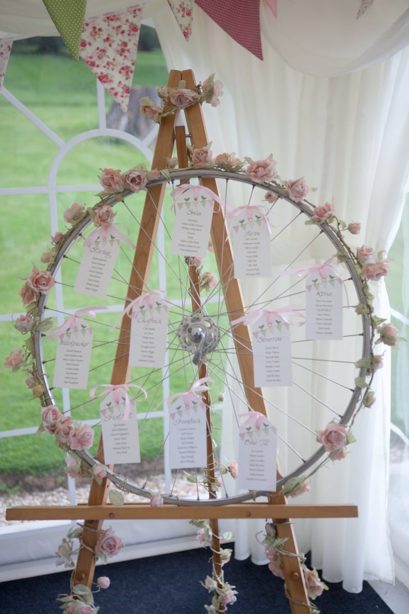 a table plan displayed on a vintage bicycle wheel.