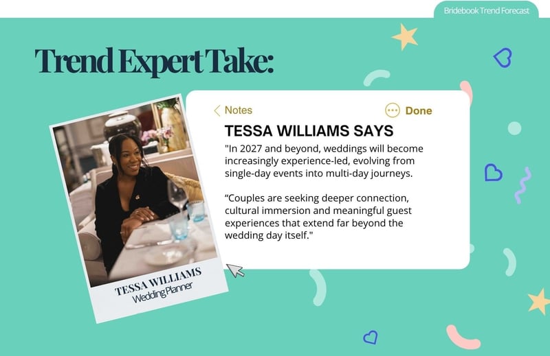 Wedding expert and planner tessa williams next to a quote from her about wedding trends