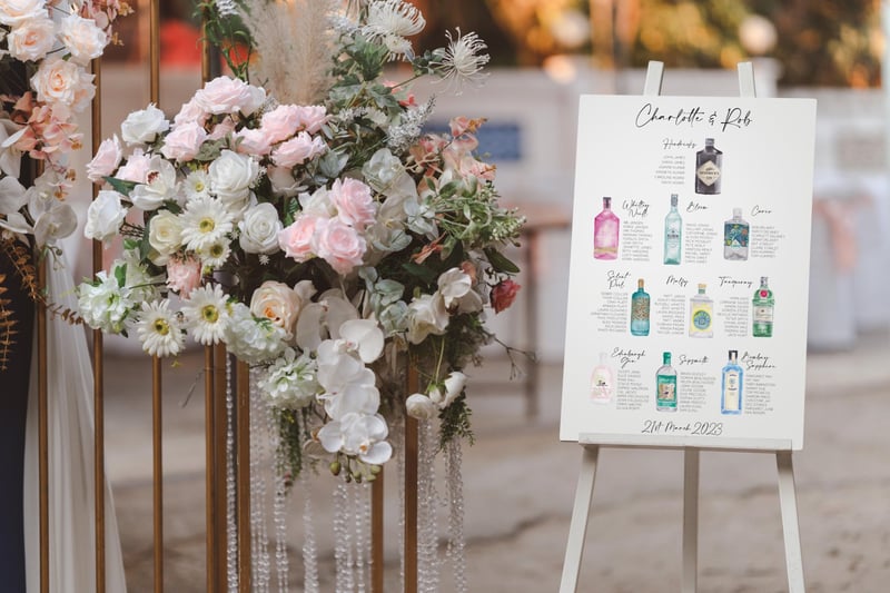 a drinks themed illustrated table plan next to a floral arrangement.