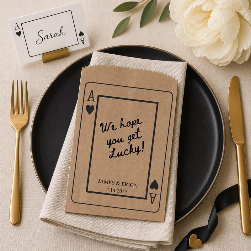 a playing card inspired lottery ticket holder on a place setting.
