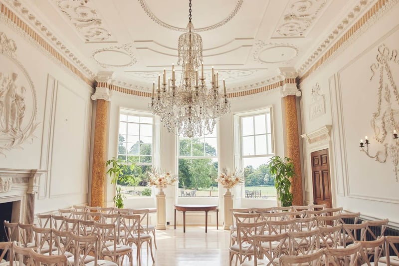 Rockbeare Manor exclusive-use wedding venue, ornate Georgian ceremony room with chandelier, Devon