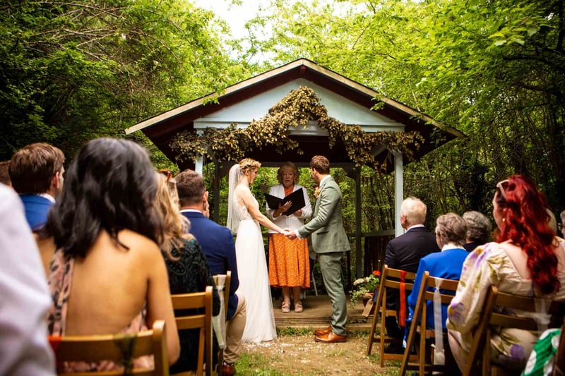 Bride and groom holding hands during a woodland wedding ceremony