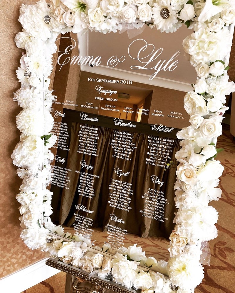 a mirrored wedding seating plan decorated with white flowers.