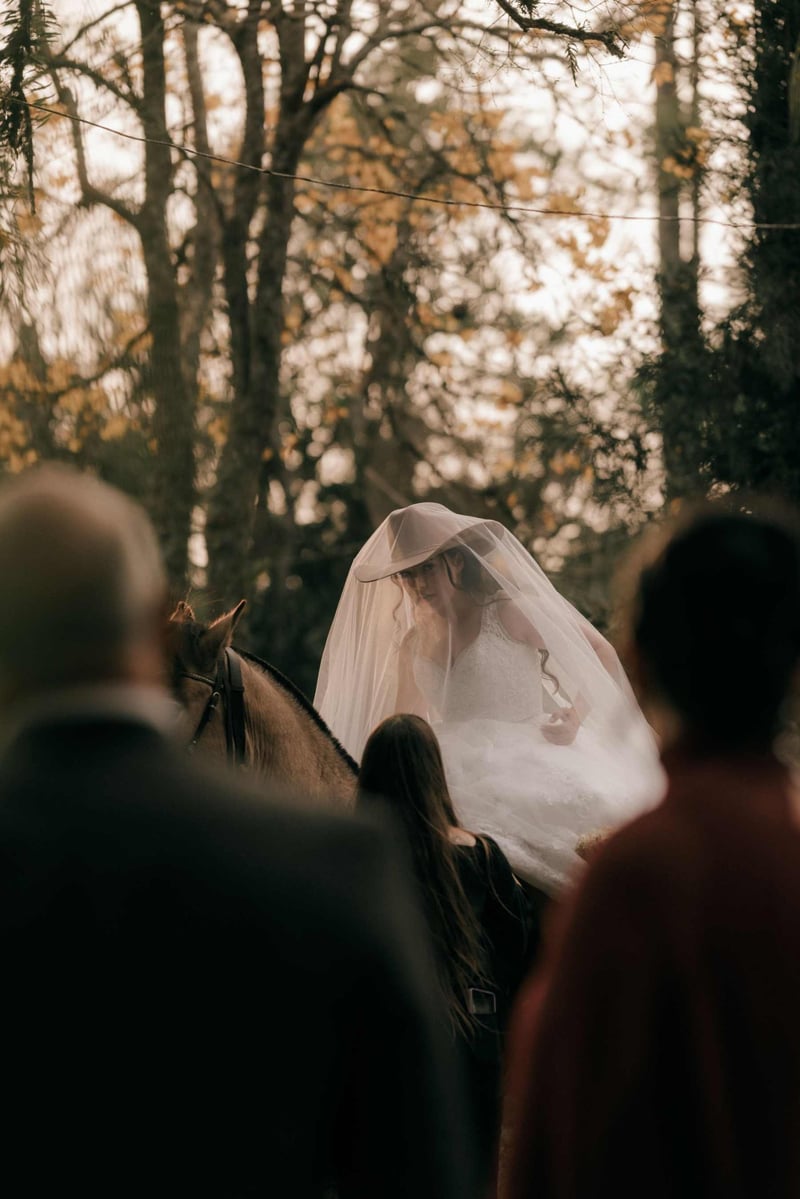 Bride on horseback with guests, surrounded by autumn trees