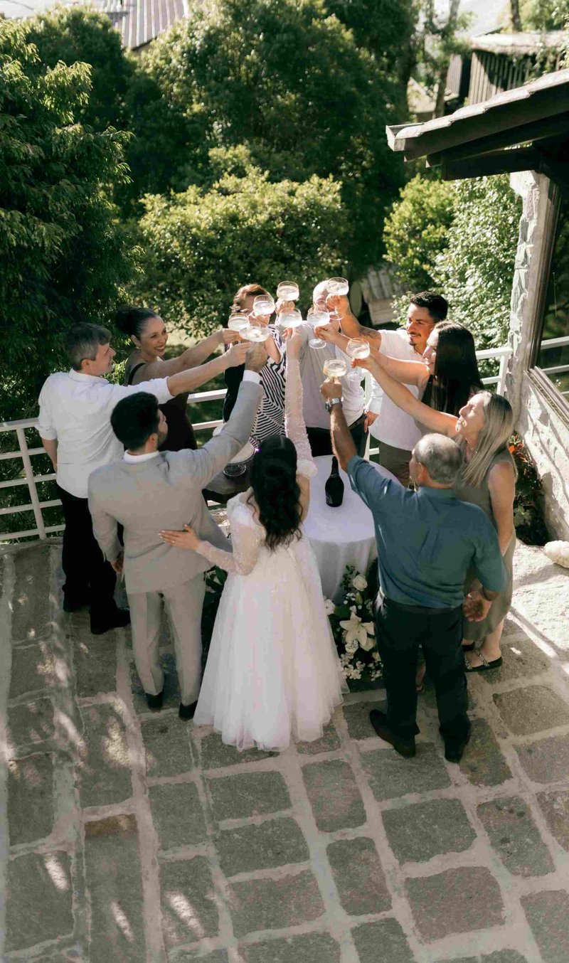 A group of adults toasting at an outdoor wedding ceremony with lush greenery