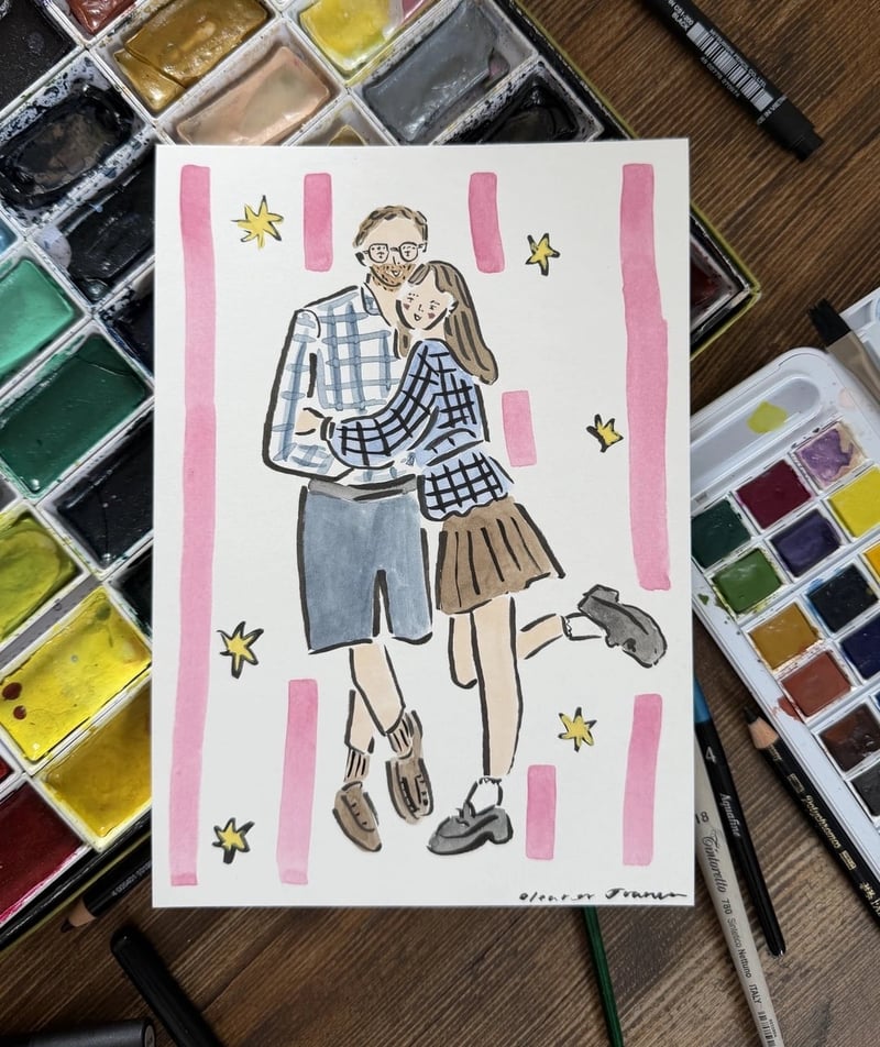 a hand-drawn portrait of a man and woman hugging.