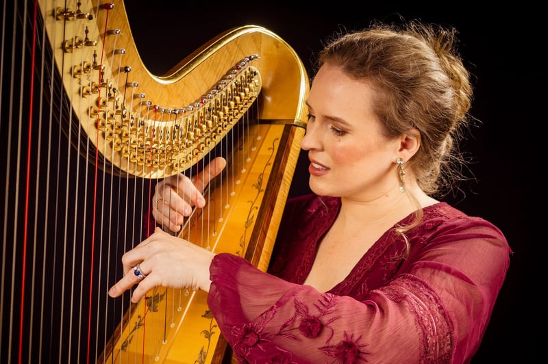 a harpist wearing a red dress plays a gold harp.