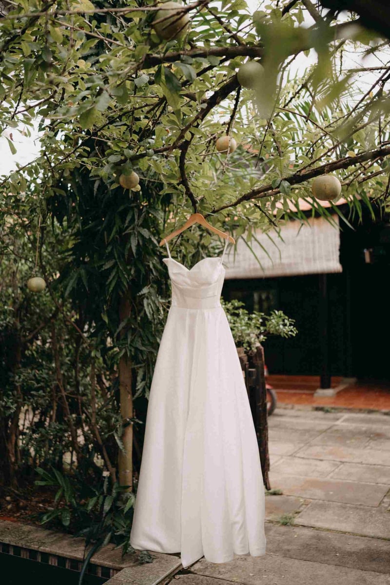 A beautiful wedding dress hangs gracefully from a tree in a serene garden setting