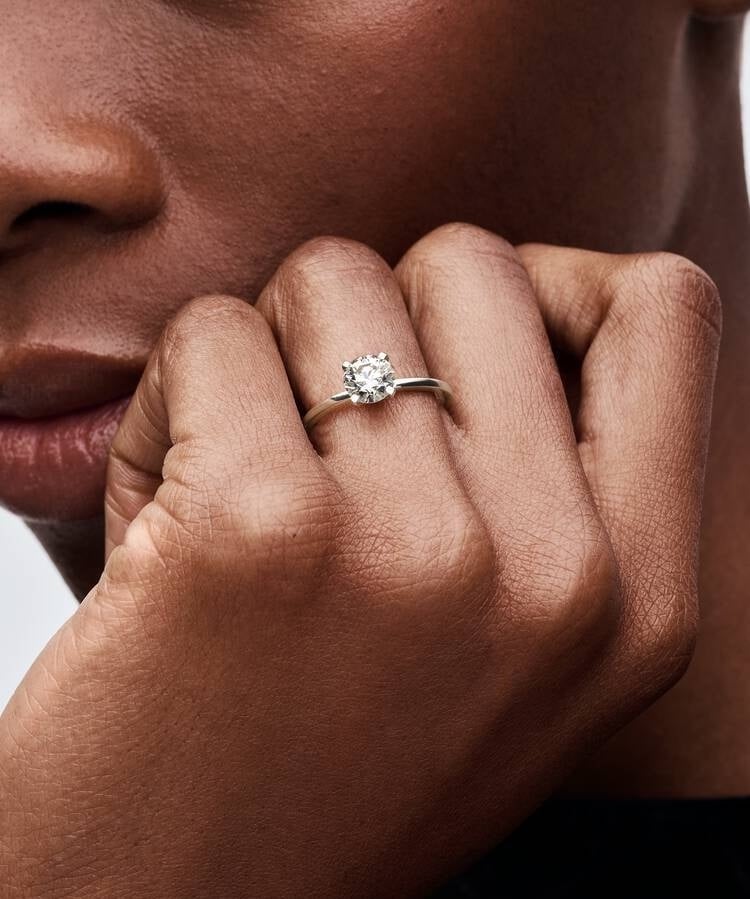 close up of a hand resting on a face. on the finger is a round-cut solitaire diamond ring in white gold.