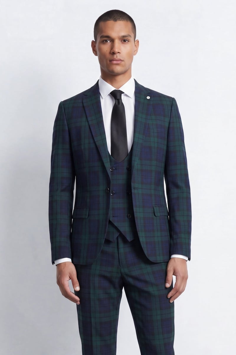a male model wears a tartan three-piece suit.
