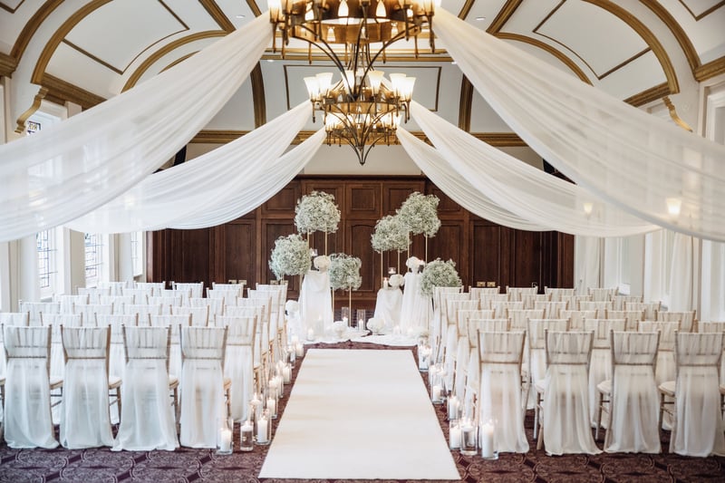 an art deco style interior of a hotel wedding venue set up for a winter themed ceremony.