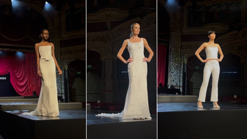 Three wedding dresses on the runway in Y2K styles, including a corset and skirt two-piece, an appliqued wedding dress and a corset and trousers combo