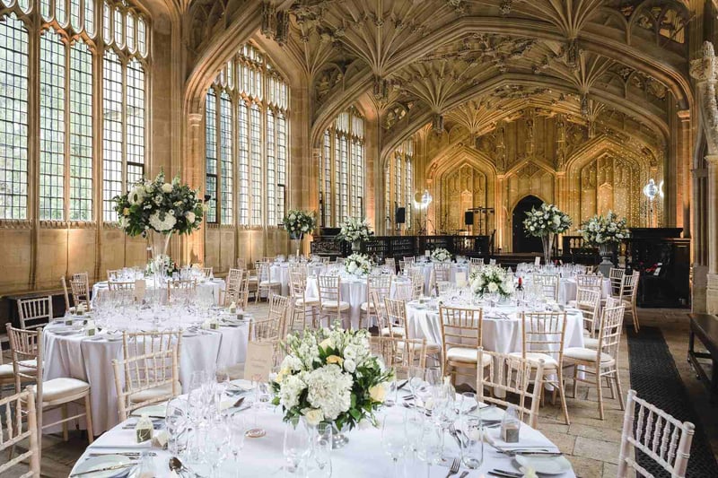 Interior view of wedding venue Bodleian library set up for a reception