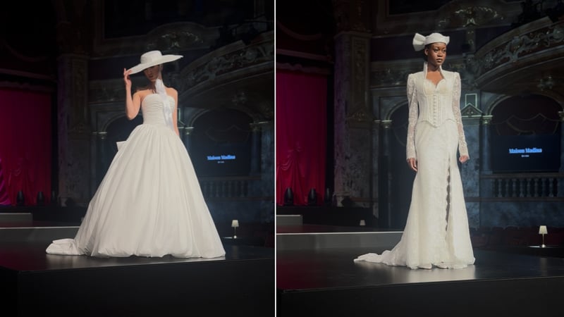 Two wedding dresses on the bridal week runway styled with bridal hats