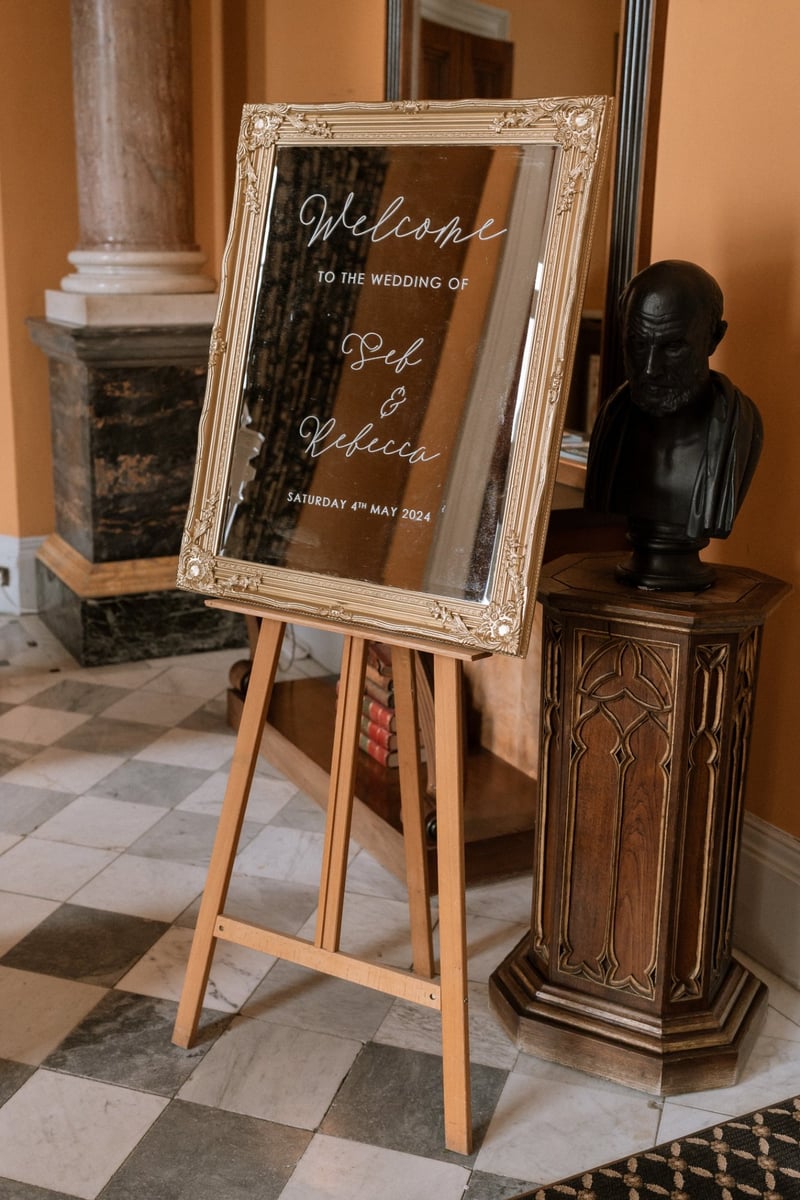 a mirror wedding welcome sign in an antique style frame.