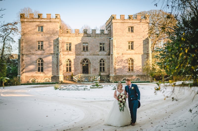 exterior of a castle wedding venue in the snow.
