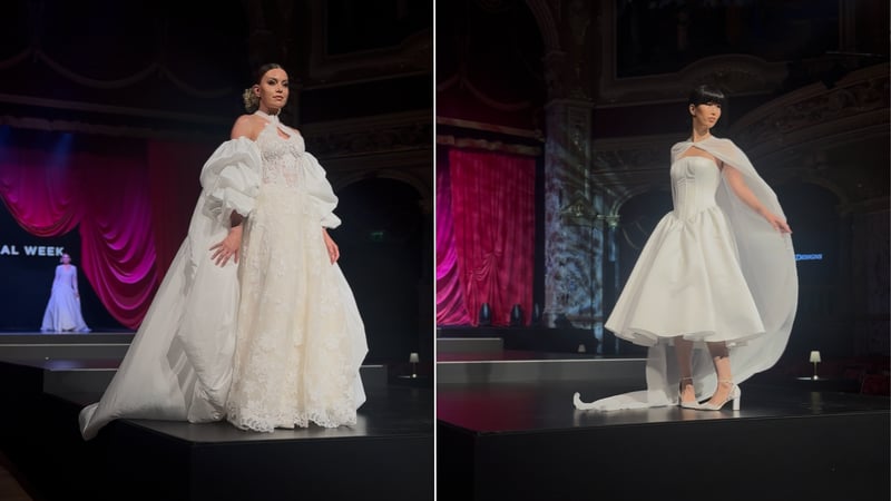 Two wedding dresses on the runway worn with capes