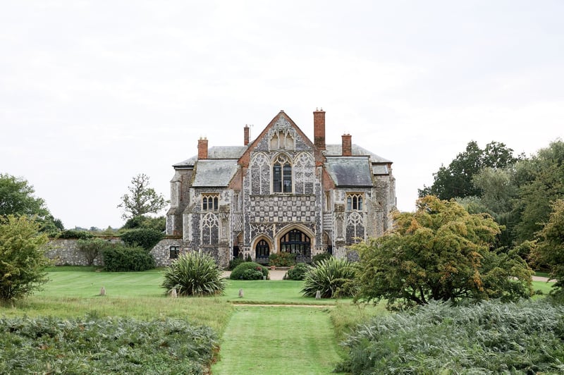 exterior of Butley Priory, a 14th century converted monastery wedding venue.
