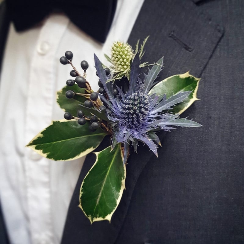 close-up of a buttonhole featuring a blue thistle and foliage.