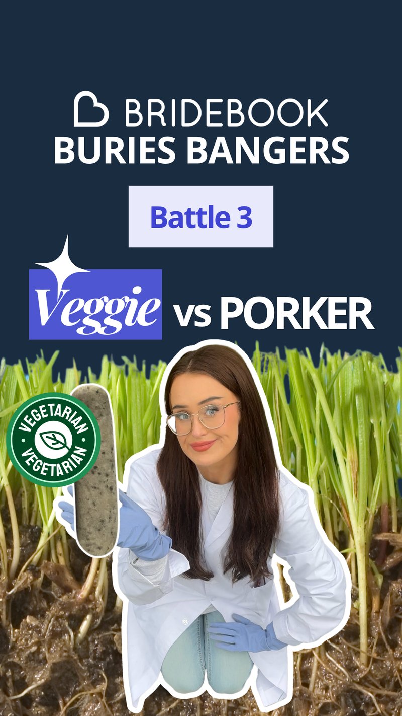 Lucy crouching next to a veggie sausage she's going to bury