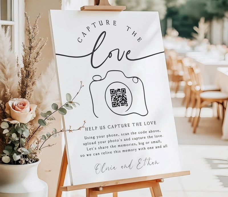 a wedding qr code on a modern wedding welcome sign.